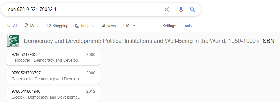 A screenshot of Google Search showing the results for the ISBN of 'Democracy and DEvelopment' by Przeworski et. al. The image shows how Google resolves the bibliographical information of ISBNs.